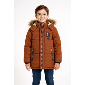 Mika Bebek 5 Armalı Kürklü Kapüşonlu Cepli Fermuarlı Erkek Çocuk Kahverengi Şişme Mont