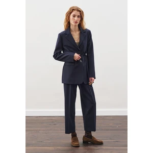 Pile Detaylı Düz Kesim Pantolon Lacivert