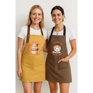 Kumaş Mutfak Önlüğü Seti 2'li Leke Tutmaz Su Itici %65 Pamuk %35 Polyester Cupcake & Coffee Şef Önlük