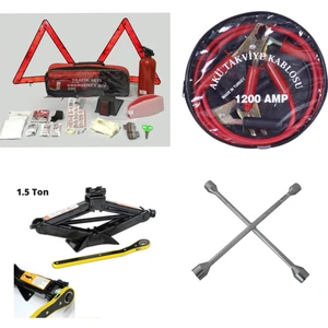 Dörtlü Ürün Trafik Seti+Çantalı Akü Takviye Kablosu+Kriko+Bijon Anahtarı