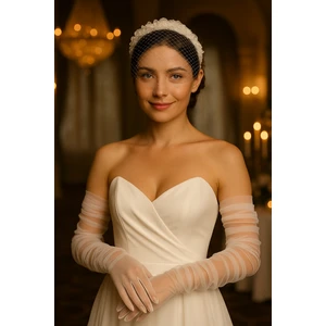 Elegance Scarf Uzun Beyaz Tül Gelinlik Eldiveni Nikah Eldiveni İmza Eldiveni Parti Eldiveni 6021