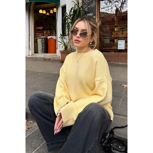 İmaj Butik Sarı Bisiklet Yaka Yumuşak Dokulu Oversize Triko Kazak