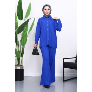 İmaj Butik Saks Mavi Gömlek Yaka Düğmeli Pantolonlu Triko Takım