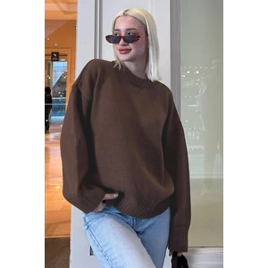 İmaj Butik Kahverengi Bisiklet Yaka Yumuşak Dokulu Oversize Triko Kazak