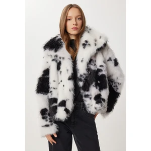 Happiness İstanbul Hayvan Desenli Suni Kürk Ceket LZH0019 Ekru Siyah