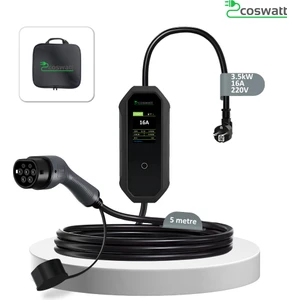 Elektrikli Araç Taşınabilir Şarj Cihazı 3.5 kW / 16A / Türkçe Menü / 5M / Tip-2 Soket / 2x16A Ev Tipi Fiş / 220V AC / Taşıma Çantası