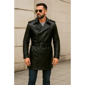 Lugano Hakiki Deri Erkek Siyah Trençkot