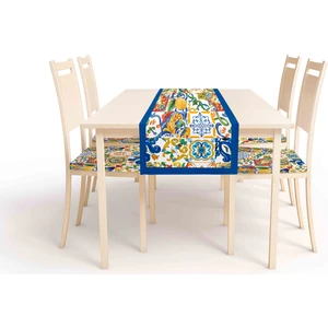 Çini Desen , Dijital Baskı , Çift Taraflı , Süngerli Fermuarlı 4 Adet Sandalye Minderi ve 1 Runner Mutfak Bahçe Yemek Masası 5li Set
