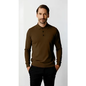 Kahve Standart Fit Dar Kalıp Polo Yaka Düz Uzun Kollu  Triko