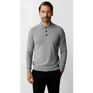 Koyu Gri  Standart Fit Dar Kalıp Polo Yaka Düz Uzun Kollu  Triko