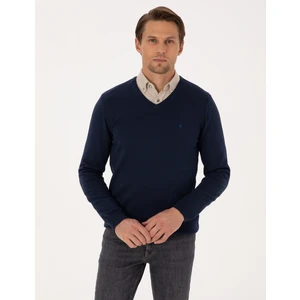 Pierre Cardin Erkek Açık Lacivert Slim Fit V Yaka Basic Triko Kazak 50314190-VR059