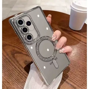 M.TK Moveteck Samsung Galaxy A15 Kılıf Simli Taşlı Lens Korumalı Arkası Şeffaf Kenarı Renkli Parlak Magsafe Kapak