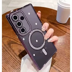 M.TK Moveteck Samsung Galaxy A15 Kılıf Simli Taşlı Lens Korumalı Arkası Şeffaf Kenarı Renkli Parlak Magsafe Kapak