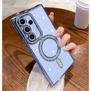 M.TK Moveteck Samsung Galaxy A15 Kılıf Simli Taşlı Lens Korumalı Arkası Şeffaf Kenarı Renkli Parlak Magsafe Kapak