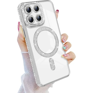 M.TK Moveteck Xiaomi Mi 14T Pro Kılıf Simli Taşlı Lens Korumalı Arkası Şeffaf Kenarı Renkli Parlak Magsafe Kapak