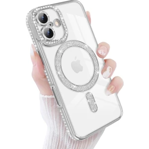 M.TK Moveteck Apple iPhone 17 Kılıf Simli Taşlı Lens Korumalı Arkası Şeffaf Kenarı Renkli Parlak Magsafe Kapak