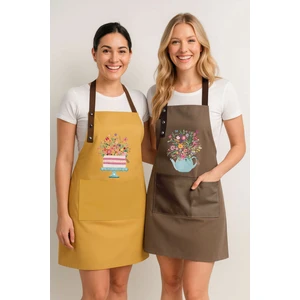 Mutfak Önlüğü Seti 2'li Leke Tutmaz Su Itici Kumaş Solmaz Baskı Çiçekli Pasta ve Demlik Desenli