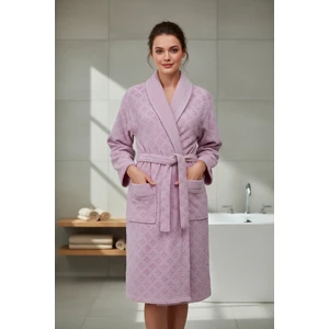 Kadife Jakarlı Kadın Bornoz Pembe L