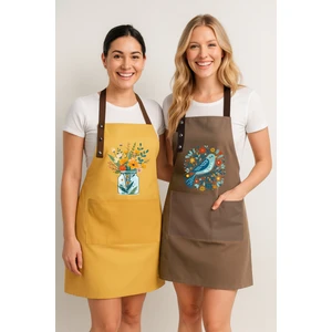 Kumaş Mutfak Önlüğü Seti 2'li Leke Tutmaz Su Itici %65 Pamuk %35 Polyester Kuş - Çiçek Önlük