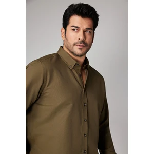 Altınyıldız Classics Erkek Haki Düğmeli Yaka Kolay Ütülenebilir Pamuklu Slim Fit Dar Kesim Oxford Gömlek