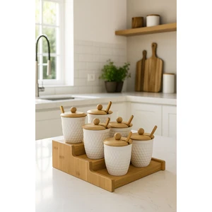 Aen Line Modern Bambu Standlı 6'lı Porselen Baklava Desenli Baharatlık Seti Kaşıklı