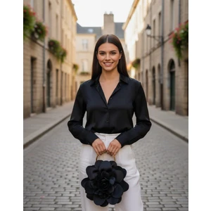 Siyah Kumaş Gold Metal Saplı Gül Çiçek Çanta El Çantası Abiye Günlük Şık Kadın Çantası