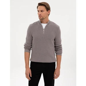 Pierre Cardin Erkek Açık Gri Melanj Slim Fit Dik Yaka Fermuarlı Triko Kazak 50317363-VR091