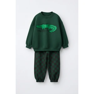 Erkek Çocuk Pamuklu Yeşil Timsah Baskılı Sweatshirt ve Kare Desenli Eşofman Takım