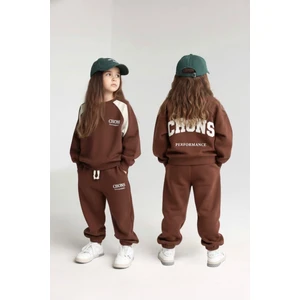 Unisex Çocuk Pamuklu Kahverengi Yazı Baskılı Eşofman Takımı – Spor ve Rahat Tarz