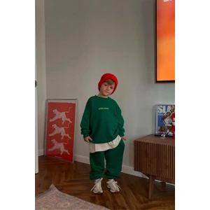 Unisex Çocuk Pamuklu Yeşil Mood Eşofman Takımı - Oversize Rahat Kalıp