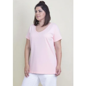 Kadın Büyük Beden Pembe Pamuklu Kumaş V Yaka Bluz