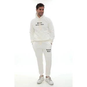 PHANTOM JEANS Beyaz Içi Polarlı Şık Erkek Eşofman Takımı Paça Lastikli Cepli Kapüşonlu Nakış Detaylı Compact Takım