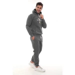 PHANTOM JEANS Koyu Gri Melanj Polarlı Erkek Eşofman Takımı Paça Lastikli Cepli Kapüşonlu Nakış Detaylı Compact Takım