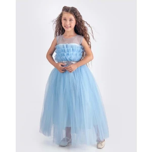 Mnk Baby & Kids Sapes Model Sırt Gipeli Tüllü Kız Çocuk Askılı Saten Abiye MNK0618