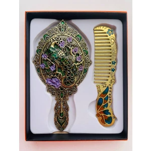 Galata Gift Ayna Tarak Seti, Kutulu-Metal-Hediyelik Takım, 13CM Aynalı Saç Fırçası, Tavuskuşu Figürlü