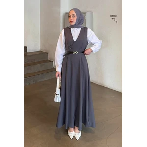 Düğme Detaylı Kolsuz Tesettür Elbise Antrasit