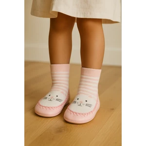 Çocuk Kedi Desenli Makosen Soket Çorap Patik Panduf – Kaydırmaz Ev & Anaokulu Ayakkabısı Pembe