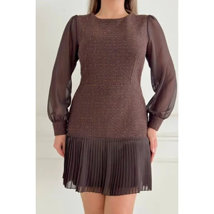 Zishan Fashion Etek Ucu Piliseli Şanel Kumaş Uzun Kollu Midi Boy Modern Tasarım Kadın Elbise 021