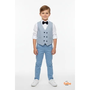 Erkek Çocuk 4’lü Smokin Takım, Gömlek Yelek Papyon ve Pantolon Şık Kombin, Davet & Özel Gün Mavi
