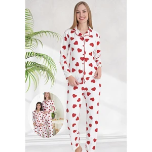 Anne Kız Kombini (Ayrı Ayrı Satılır) Beyaz Üzerine Kırmızı Kalp Desenli Pijama Takımı