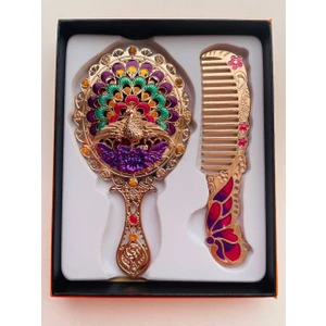 Galata Gift Ayna Tarak Seti, Kutulu-Metal-Hediyelik Takım, 13CM Aynalı Saç Fırçası, Tavuskuşu Figürlü