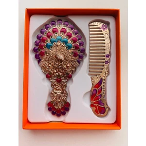 Galata Gift Ayna Tarak Seti, Kutulu-Metal-Hediyelik Takım, 13CM Aynalı Saç Fırçası, Tavuskuşu Figürlü