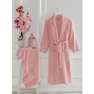 Shine Pamuklu Nakışlı Işlemeli Şal Yaka Bornoz - Saç Havlu Set