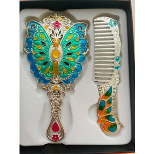 Galata Gift Ayna Tarak Seti, Kutulu-Metal-Hediyelik Takım, 13CM Aynalı Saç Fırçası, Tavuskuşu Figürlü