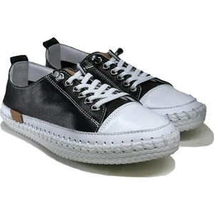 Kadın Hakiki Deri Siyah Sneaker El Dikişli Günlük Spor Ayakkabı Bağcıklı Rahat Taban