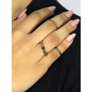 Esha Store Doğal Taşlı 3'lü Garnet (Lal) Doğal Taşlı Zincir Modelli Kadın Ayarlanabilir Yüzük Seti EUY83