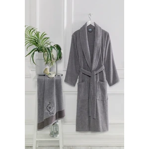 Shine Pamuklu Nakışlı Işlemeli Şal Yaka Bornoz - Saç Havlu Set