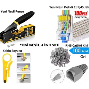 Yeni Nesil Ez RJ45 Sıkma Pensesi + Kablo Soyucu + 100 Adet Cover + 100 Adet Yeni Nesil Ez 8PC8C Utp Jak Network Aksesuarları Seti