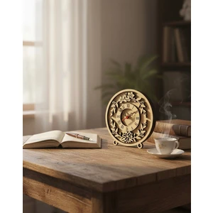 Nera Tasarım Doğal Ahşap Çiçek Desenli Masa Saati 20X20 Modern Tasarım