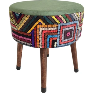 Usta Ağaç Puf Koltuk Tabure - Etna Gökkuşağı Yeşil  - Ahşap Gürgen Ayaklı